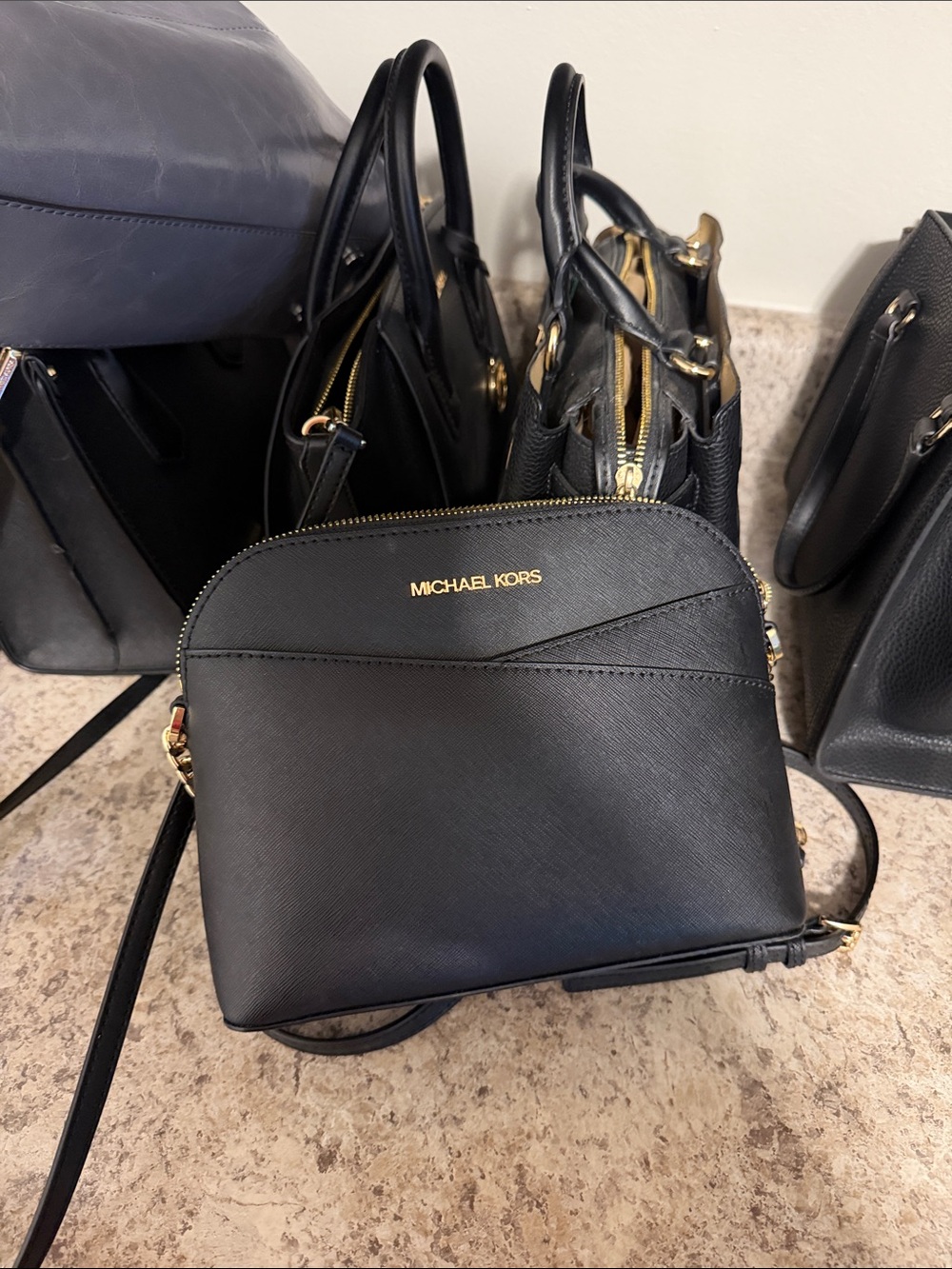 Michael Kors Black Saffiano Mini Dome Crossbody with Gold Hardware